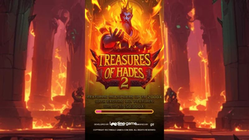 Treasures of Hades 2 – nalagalni zaslon igralnega avtomata Rectangle Games v mitološkem okolju podzemlja