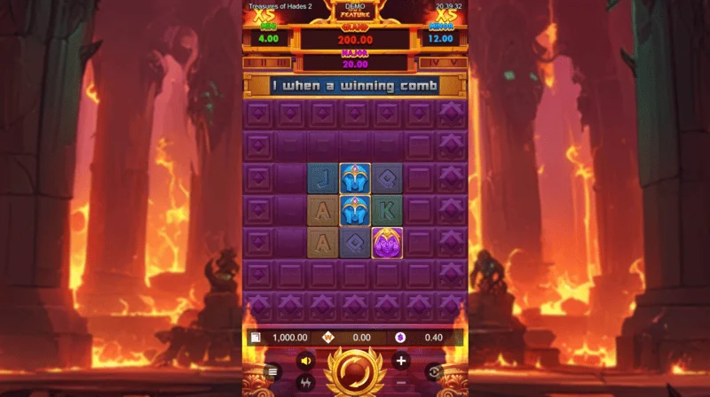 Treasures of Hades 2 – glavni igralni zaslon igralnega avtomata z valji 3x3 in 20 betways od Rectangle Games